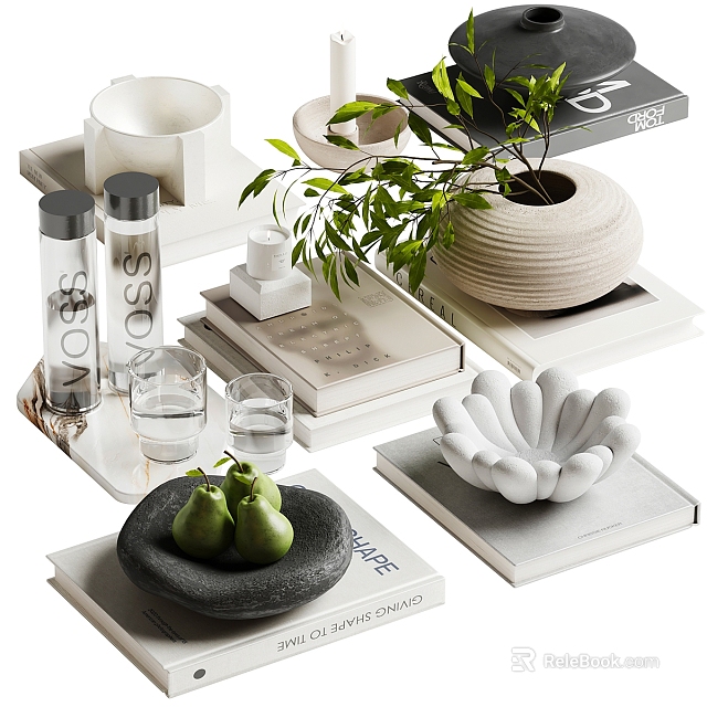 Modern Minimalist Decorative Ornament Set With Ceramic Vase Glass Cups Books And Green Plant 3d model 