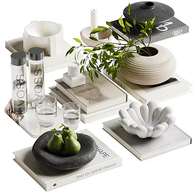 Modern Minimalist Decorative Ornament Set With Ceramic Vase Glass Cups Books And Green Plant 3d model