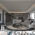 Modern Open Concept Living And Dining Room Interior With Marble Counter Sofa And City View