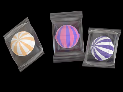 Colorful Striped Spherical Candies in Transparent Plastic Bags with Orange White Pink Purple Patterns 3d model