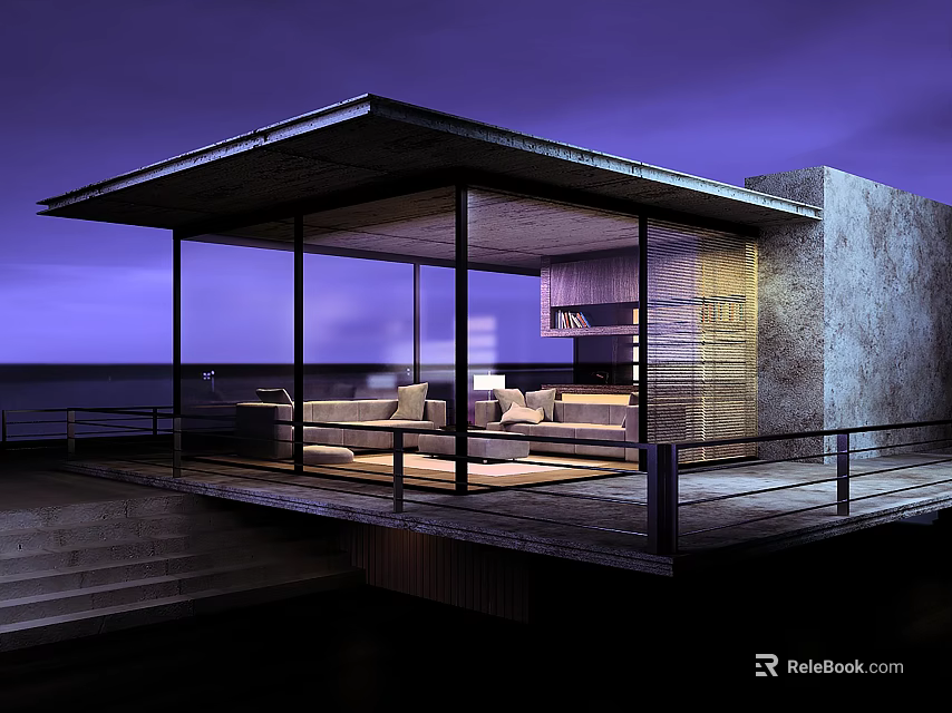Modern Seaside House Open Design Large Glass Windows Living Kitchen Terrace Purple Sky Sea View 3d model 