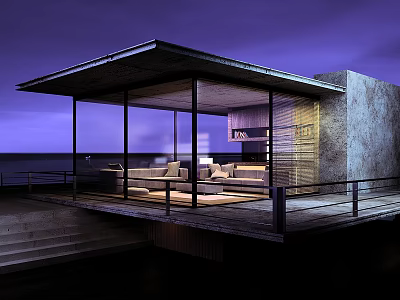 Modern Seaside House Open Design Large Glass Windows Living Kitchen Terrace Purple Sky Sea View 3d model
