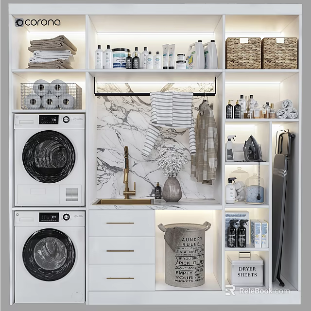 Laundry Daily Use Room With Washing Machines And Storage Shelves 3d model 