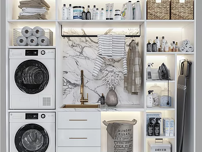 Laundry Daily Use Room With Washing Machines And Storage Shelves 3d model