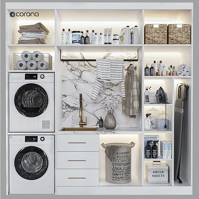 Laundry Daily Use Room With Washing Machines And Storage Shelves 3d model