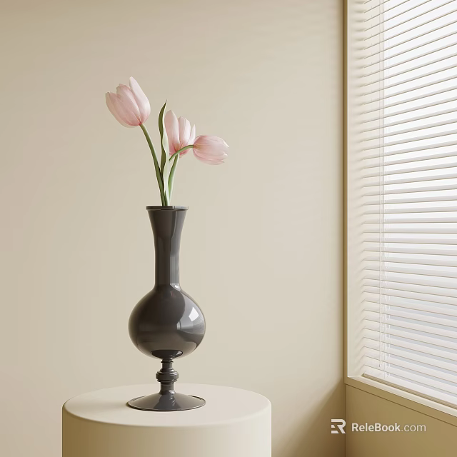 Black Vase With Three Pink Tulips On Light Table By Beige Wall Window Blinds 3d model 