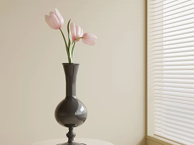 Black Vase With Three Pink Tulips On Light Table By Beige Wall Window Blinds 3d model