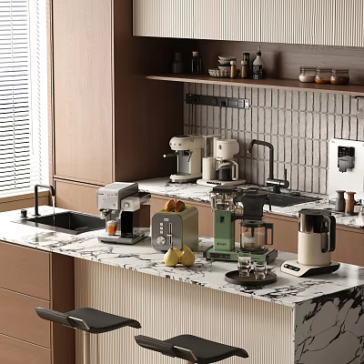 Modern Kitchen Appliances Including Coffee Maker Juicer Blender And Kettle On Marble Countertop 3d model