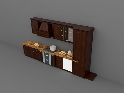 Dark Wood Kitchen Cabinets With Countertop Appliances And Bread On Surface 3d model