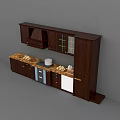 Dark Wood Kitchen Cabinets With Countertop Appliances And Bread On Surface