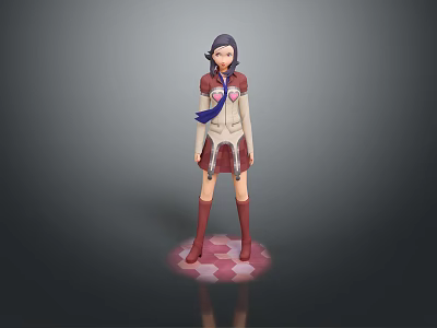 3D Female Character Model With Red White Uniform Blue Scarf And Glowing Pink Base 3d model