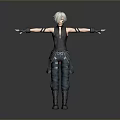 Game Movie Character With Silver Hair Black Vest Green Cargo Pants And Extended Arms Pose