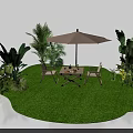 Outdoor Garden Retreat With Green Lawn Table Chairs Umbrella Palm Trees And Lush Plants
