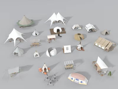 Various Types Of Camping Tents With Different Styles Shapes And Camping Gear For Outdoor Activities 3d model