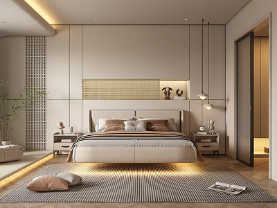 Modern Bedroom Interior Design With Double Bed Headboard Bedside Tables Lamps Carpet And Plants 3d model
