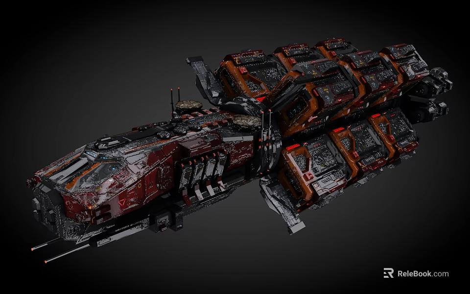 Sci Fi Mechanical Spaceship Design Featuring Detailed Modules And Red Black Colors 3d model 