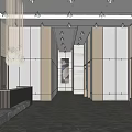 Modern Store Front Desk Interior With Marble Counter Chandelier And Bench
