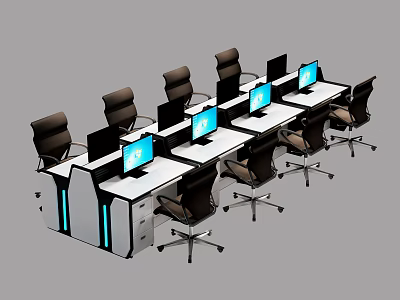Modern Office Desks Workstation Layout With Computer Monitors And Ergonomic Chairs 3d model