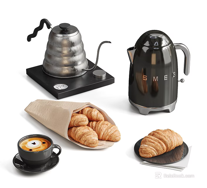 Coffee Tableware Set With Silver Coffee Pot Black Electric Kettle Latte And Croissants 3d model 