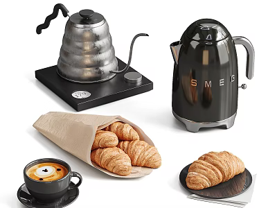 Coffee Tableware Set With Silver Coffee Pot Black Electric Kettle Latte And Croissants 3d model