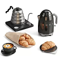 Coffee Tableware Set With Silver Coffee Pot Black Electric Kettle Latte And Croissants