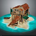 Overwater Wooden Cottage Featuring Red Roof Wooden Staircase Small Boat and Turquoise Water Sandy Beach