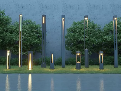 Outdoor Lights With Different Heights And Designs Among Green Trees And Grass With Water Reflection 3d model