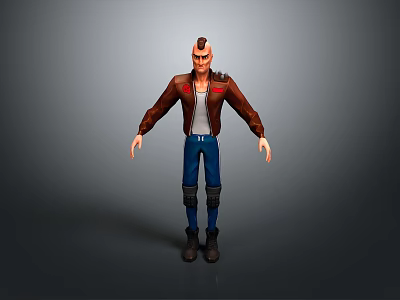 3D Male Character Design With Spiky Hair Brown Jacket White Shirt And Blue Jeans 3d model