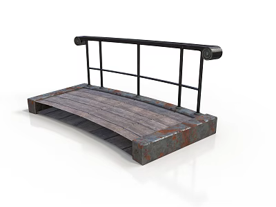 Rustic Small Arched Bridge With Wooden Planks And Black Metal Railing 3d model