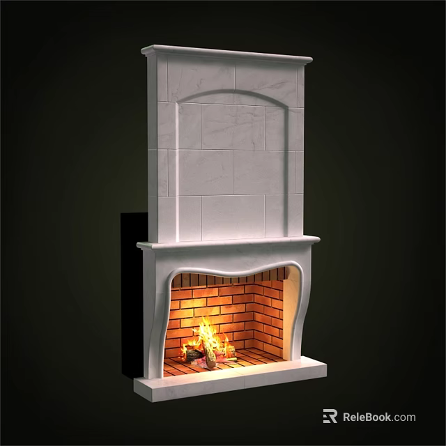 Marble Fireplace With Burning Fire And Brick Interior Elegant White Mantel Design 3d model 