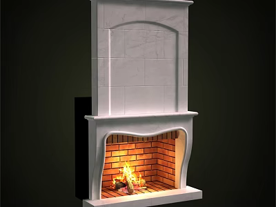Marble Fireplace With Burning Fire And Brick Interior Elegant White Mantel Design 3d model