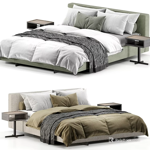 Modern Double Bed Design With Upholstered Headboard Bedside Tables And Soft Bedding Pillows 3d model