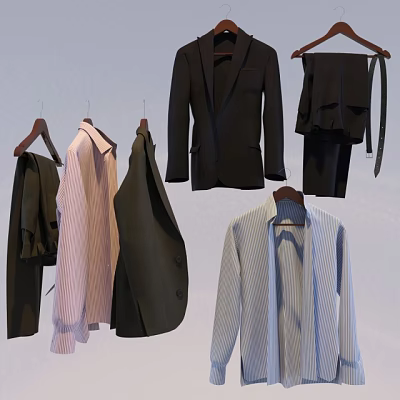 Stylish Formal Clothes With Various Colors Including Suits Shirts And Pants Hanging 3d model
