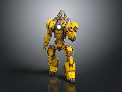 Yellow Mech Warrior Robot With Glowing Chest Core And Detailed Armor 3d model