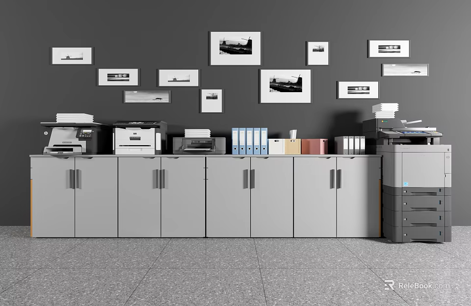 Organized Office Workspace With Essential Appliances Cabinets Framed Wall Pictures And Printers 3d model 