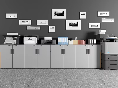 Organized Office Workspace With Essential Appliances Cabinets Framed Wall Pictures And Printers 3d model