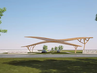 Modern Entrance Gate With Wooden Canopy Structure Grassland Trees And Cars Under Blue Sky 3d model