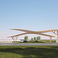 Modern Entrance Gate With Wooden Canopy Structure Grassland Trees And Cars Under Blue Sky