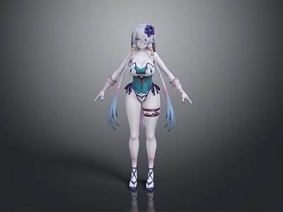 Woman With Blue Long Hair And Flower In Hair Teal Bodysuit Decorative Bands High Heels 3d model