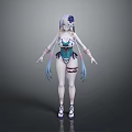 Woman With Blue Long Hair And Flower In Hair Teal Bodysuit Decorative Bands High Heels