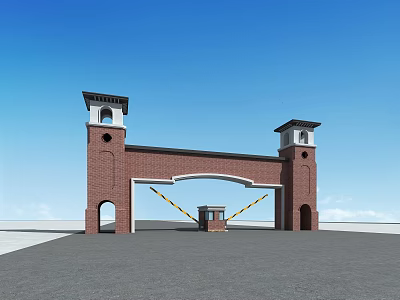 Red Brick Archway Entrance With Twin Towers And Yellow Black Striped Barrier Under Blue Sky 3d model