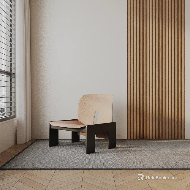 Modern Accent Chair With Upholstered Seat Wooden Legs Near Wooden Slat Wall And Gray Floor 3d model 