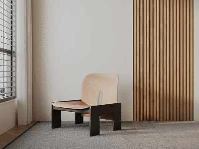 Modern Accent Chair With Upholstered Seat Wooden Legs Near Wooden Slat Wall And Gray Floor 3d model