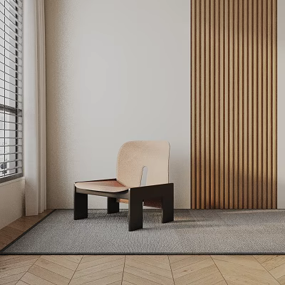 Modern Accent Chair With Upholstered Seat Wooden Legs Near Wooden Slat Wall And Gray Floor 3d model