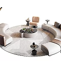 Elegant Circular Sofa and Coffee Table Set With Side Tables Armchair Floor Lamp and Patterned Rug