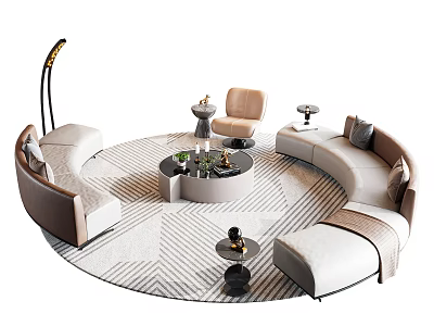 Elegant Circular Sofa and Coffee Table Set With Side Tables Armchair Floor Lamp and Patterned Rug 3d model