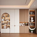Modern Decorative Cabinet With White And Wooden Design Illuminated Shelves Books Sculptures And Vase
