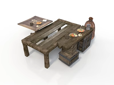 Rustic Interior Wooden Table With Food Trays Clay Jar And Chest Drawers 3d model
