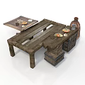 Rustic Interior Wooden Table With Food Trays Clay Jar And Chest Drawers