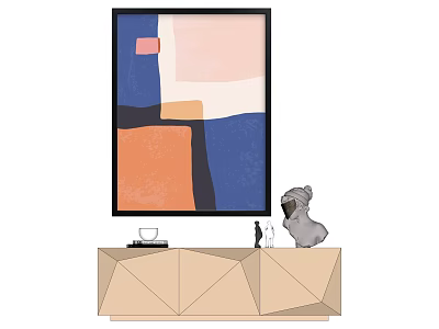 Abstract Painting with Blue Pink Orange Shapes Black Framed Above Beige Cabinet with Sculpture Vase 3d model